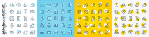Vector icons set of Factory, Square area and Hold box line icons pack for web with Inspect, Warning, Eco power outline icon. Car charge, Petrol station, Typewriter pictogram. Vector