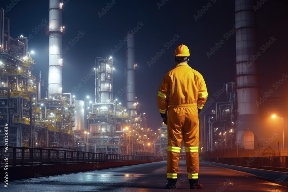 Engineer in a protective suit stands with his back turned, diligently checking a list at a petrochemical refinery complex. Generative AI. Engineer in a protective suit stands with his back turned, diligently checking a list at a petrochemical refinery complex. Generative AI.