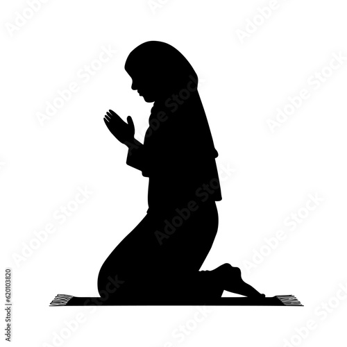 Muslim woman praying silhouette isolated on white background. Vector illustration