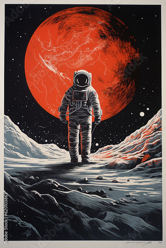 Astronaut on the planet, retro poster