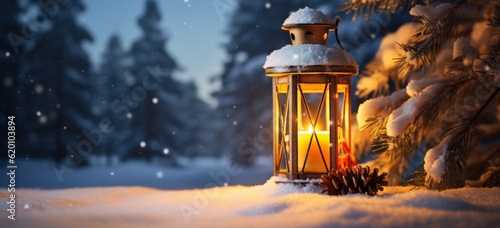 Photo of a lantern in the snow with a pine cone on it.generative ai