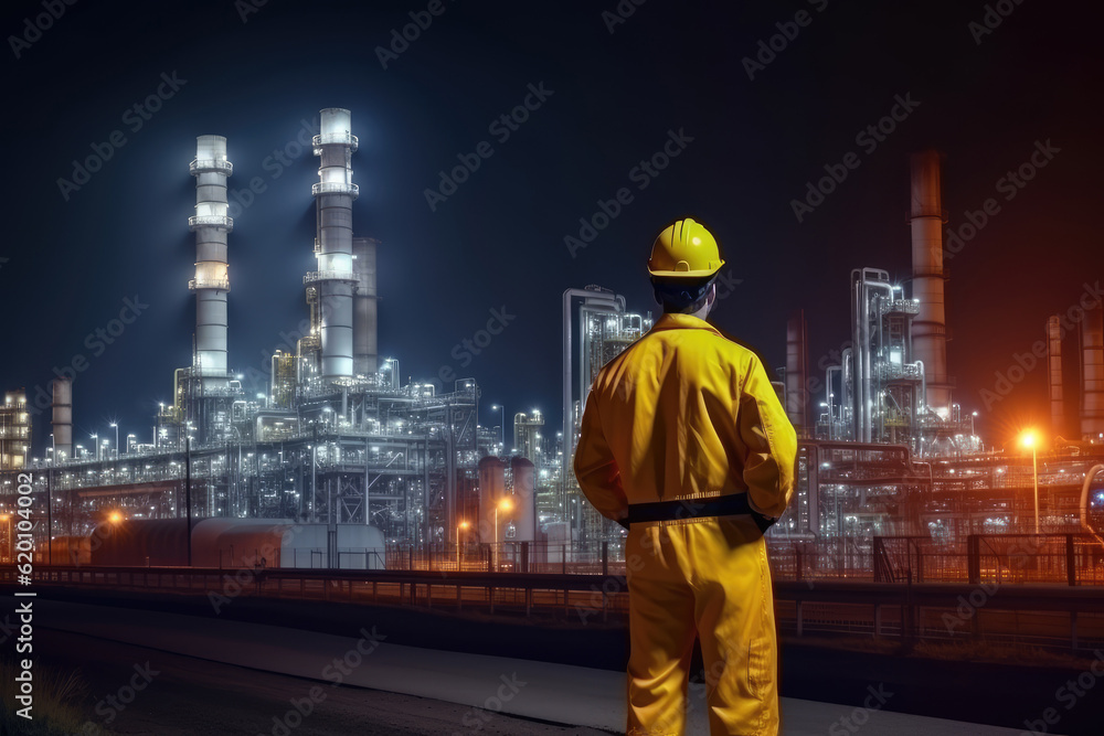 Engineer in a protective suit stands with his back turned, diligently checking a list at a petrochemical refinery complex. Generative AI. Engineer in a protective suit stands with his back turned, diligently checking a list at a petrochemical refinery complex. Generative AI.