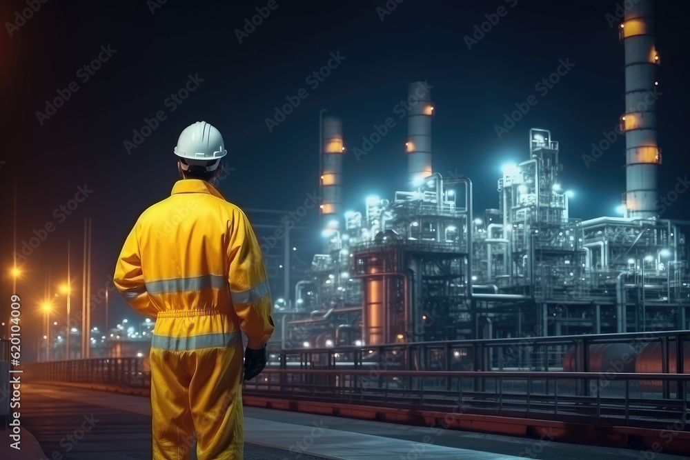 Engineer in a protective suit stands with his back turned, diligently checking a list at a petrochemical refinery complex. Generative AI. Engineer in a protective suit stands with his back turned, diligently checking a list at a petrochemical refinery complex. Generative AI.