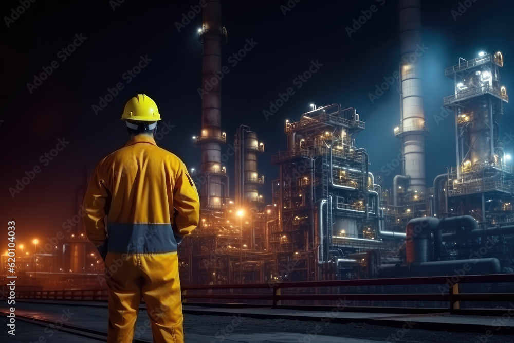 Engineer in a protective suit stands with his back turned, diligently checking a list at a petrochemical refinery complex. Generative AI. Engineer in a protective suit stands with his back turned, diligently checking a list at a petrochemical refinery complex. Generative AI.