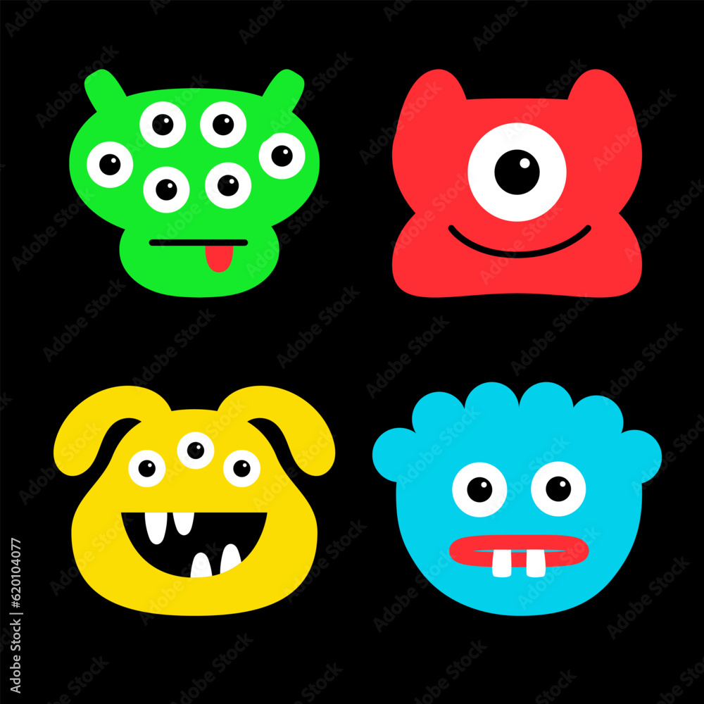 Monster set. Happy Halloween. Cute face head. Four colorful monsters. Cartoon kawaii scary funny character. Different emotion. T-shirt design. Baby collection. Black background. Flat design.