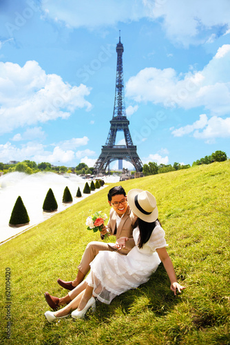 Lovely Asian couple is enjoy traveling at Paris, France.