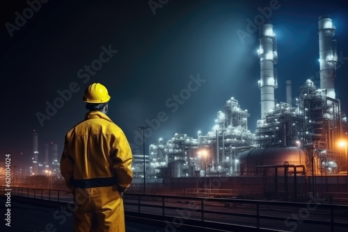 Engineer in a protective suit stands with his back turned  diligently checking a list at a petrochemical refinery complex. Generative AI.