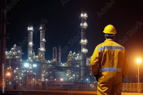 Engineer in a protective suit stands with his back turned, diligently checking a list at a petrochemical refinery complex. Generative AI.