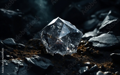 A large diamond sitting on top of a pile of rocks. AI