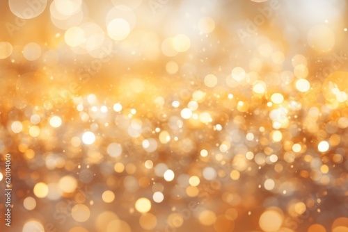 Shiny golden bokeh lights on a festive yellow background create a magical and glittering holiday atmosphere. Concept: Christmas and festive celebrations.