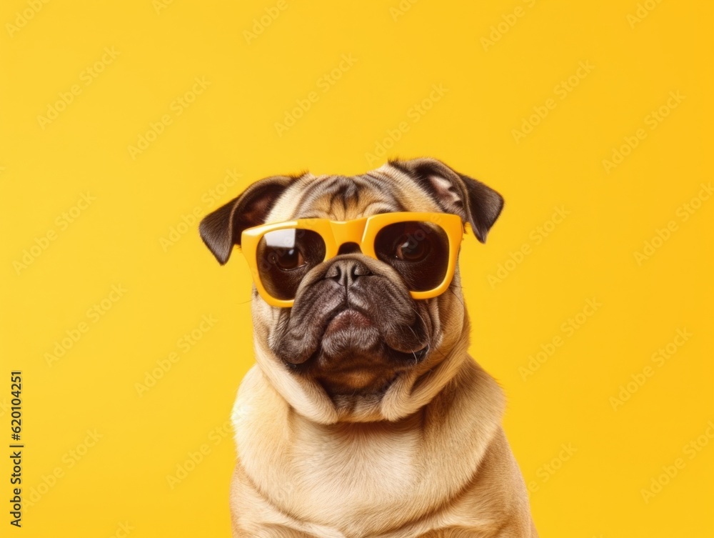 Photo of a pug dog wearing yellow sunglasses on a vibrant yellow background.generative ai