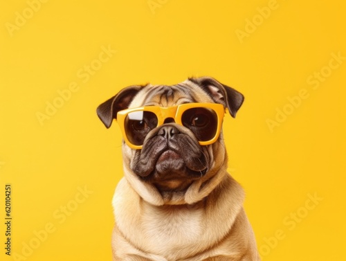 Photo of a pug dog wearing yellow sunglasses on a vibrant yellow background.generative ai © Superhero Woozie