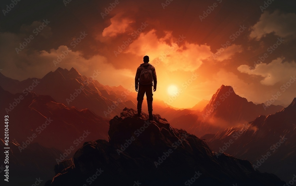 A man standing on top of a mountain at sunset. AI