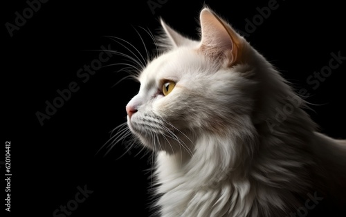 A close up of a white cat on a black background. AI