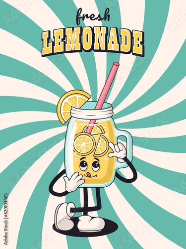 Summer groovy poster with fresh lemonade in retro style on psychedelic background. Summer exotic fresh drink. Home made Lemonade, poster, template.