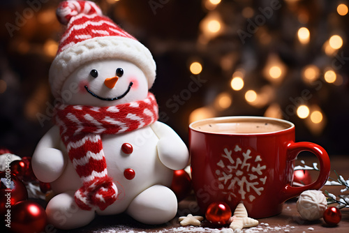 Snowman and hot chocolate in a festive christmas scene. Heartwarming and delightful.  AI generative Christmas scene.