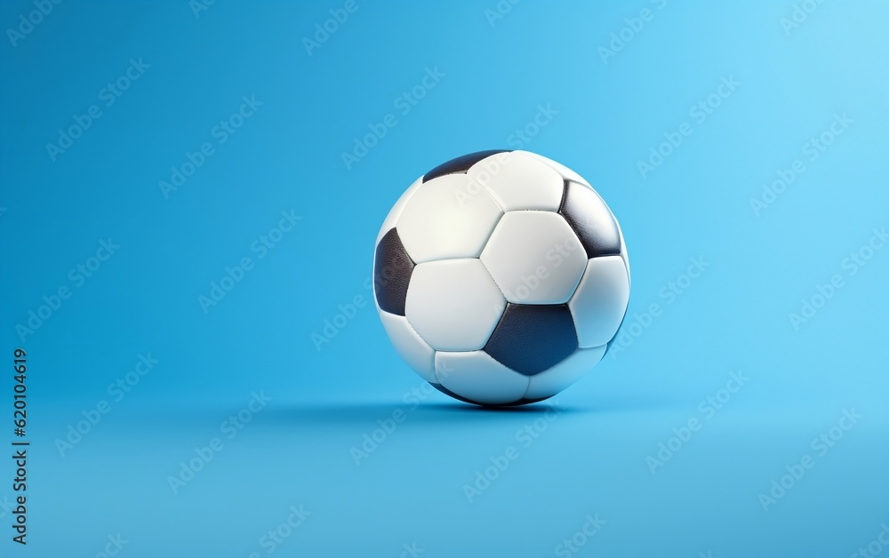 A black and white soccer ball on a blue background. Ai