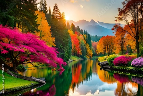 Fotografia autumn landscape with lake and trees Generated Ai