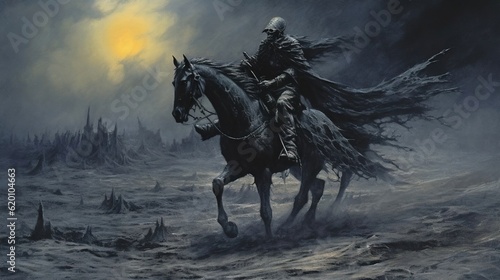 Horseman with a black hat riding through a wasteland with ghostly moon. Created with Generative Ai technology.