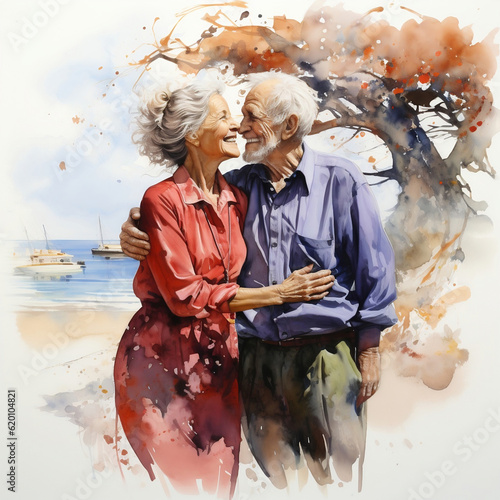 Watercolor illustration of elderly happy man and woman walking on the seashore. An old couple of people on the seashore. Generative ai.