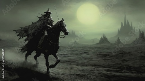 Horseman with a black hat riding through a wasteland with ghostly moon. Created with Generative Ai technology. © Viktor