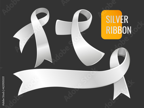 Realistic silver awareness Ribbon set