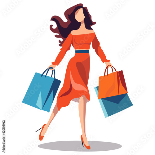 Woman in dress holding shopping bags happily. Shopping concept.