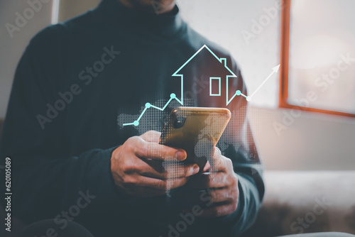 Obraz na plátně real estate investment concept energy efficiency rating and property value, Real estate online on virtual screens