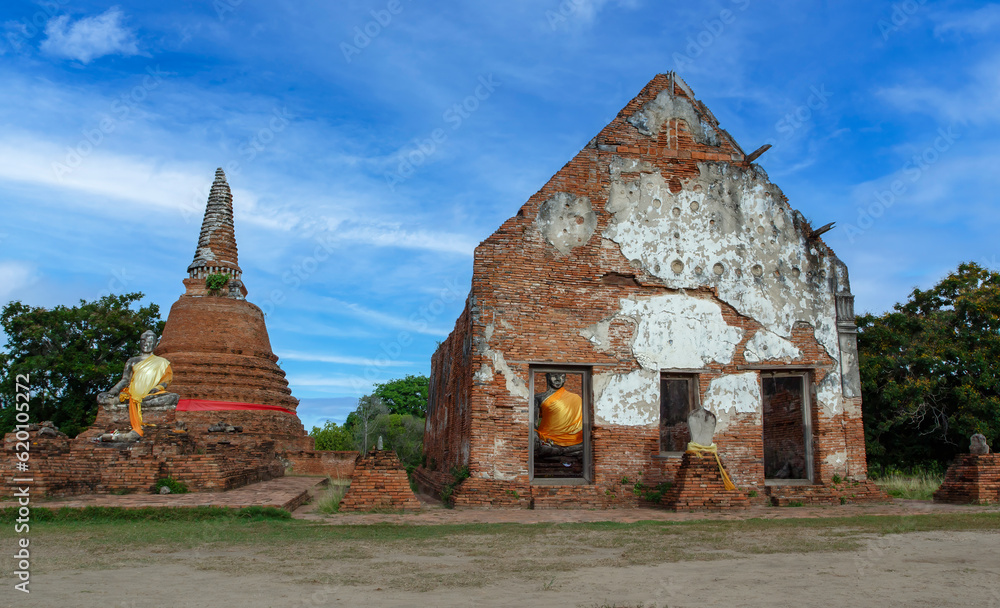 Ruins of old Buddha and temple of Ayuthaya historical park in Ayuthaya Thailand. UNESCO site. Travel concept.