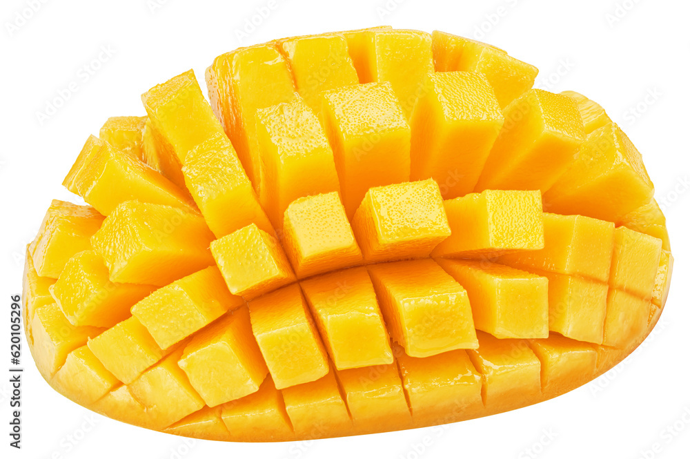 Half of mango fruit cut in hedgehog style on white background. File contains clipping path. Half of mango fruit cut in hedgehog style on white background. File contains clipping path.