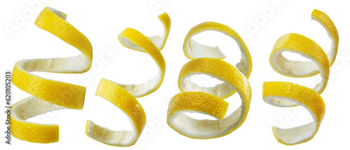 Set of lemon peels or lemon zests on white background. File contains clipping paths.