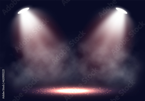 Spotlights. Scene for presentation illuminated by spotlights with smoke. Vector illustration.