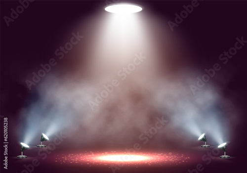 Spotlights. Scene for presentation illuminated by spotlights with smoke. Vector illustration.