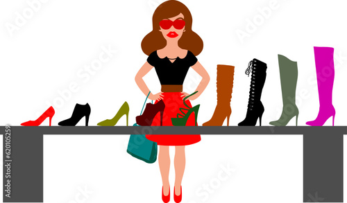 Vektor Fashion Frau beim Einkaufen - Auswahl an Schuhen und Stiefeln