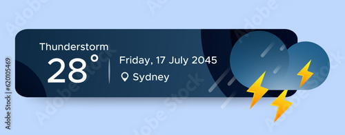 Thunderstorm weather widget ui design. Beauty mobile weather app. Professional web design, full set of elements. User-friendly design materials