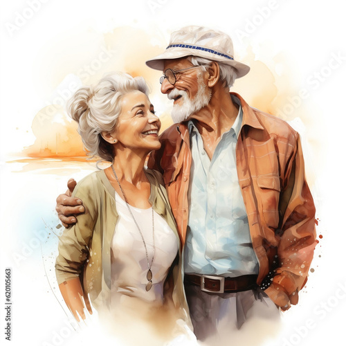 Watercolor illustration of elderly happy man and woman walking on the seashore. An old couple of people on the seashore. Generative ai.