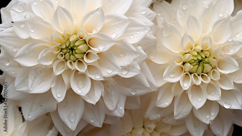 White Dahlia flowers with water drops background. Closeup of delicate blossom with glistening droplets. Generative AI