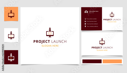 Project launch logo design with editable slogan. Branding book and business card template.