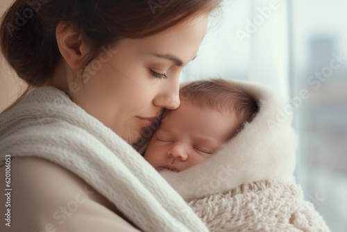 Beautiful mother hugging her newborn baby. Generative AI