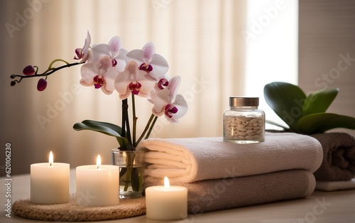 A table topped with towels and candles next to a window. AI