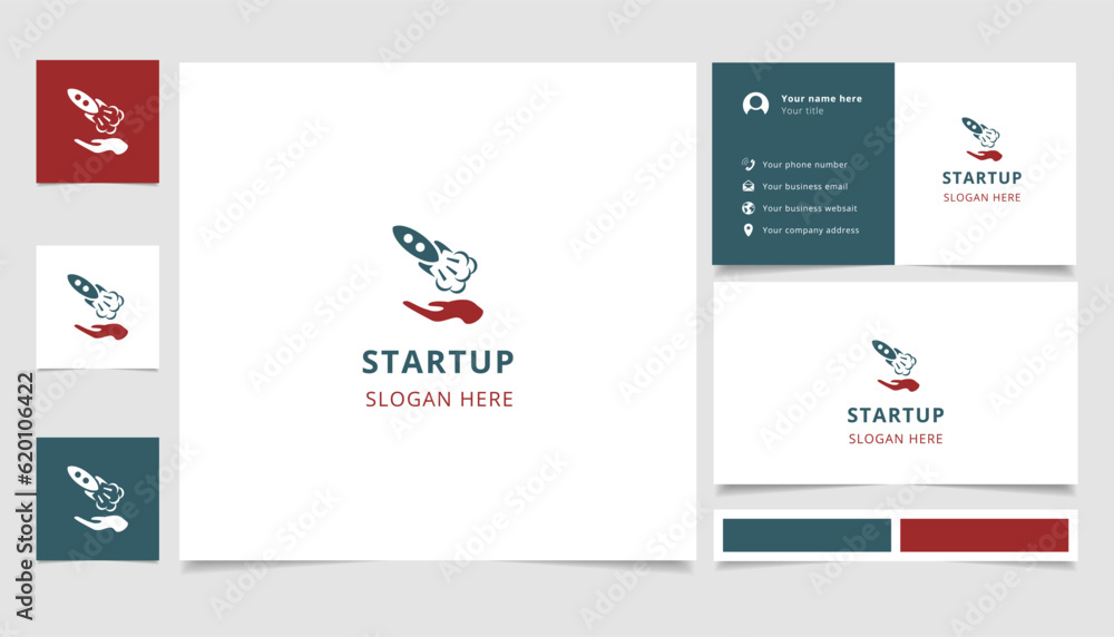 Startup logo design with editable slogan. Branding book and business card template.