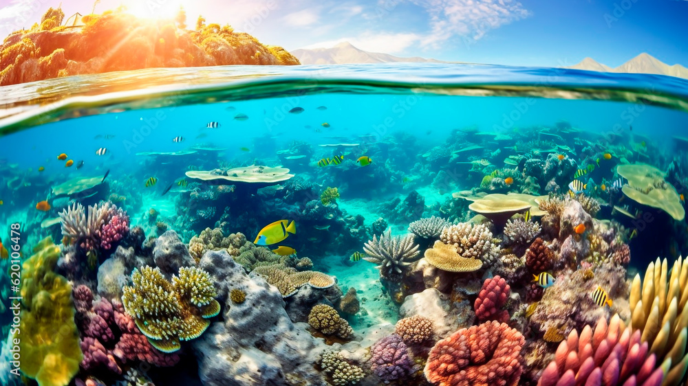 Underwater view of beautiful coral reef with fishes.
