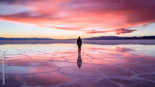 Silhouette of a woman standing on the salt lake at sunset.