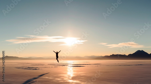 Silhouette of a woman jumping on the background of the sunset.
