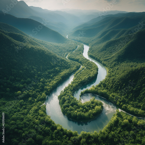 An aerial view of a meandering river snaking through a valley, surrounded by lush forests and mountains. Capture the grandeur and beauty of the landscape from a unique