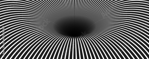 Abstract optical illusion. Hypnotic spiral tunnel with black and white lines. Vector illustration.