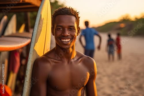 Spirited Male Surfer with Vibrant Energy on Sunny Beach. Generative AI. © Dangubic