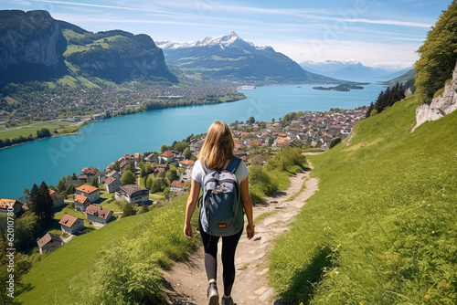Rear view of female hiker with backpack walking down from the mountain and enjoying the view during the day. scenic idillic panoramic, generative ai