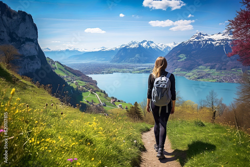 Rear view of female hiker with backpack walking down from the mountain and enjoying the view during the day. scenic idillic panoramic, generative ai photo