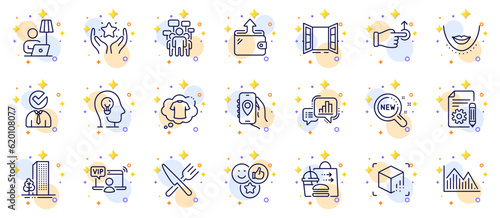 Outline set of T-shirt, Food delivery and Open door line icons for web app. Include Investment graph, Food, Vacancy pictogram icons. Mental health, Augmented reality, Voting campaign signs. Vector